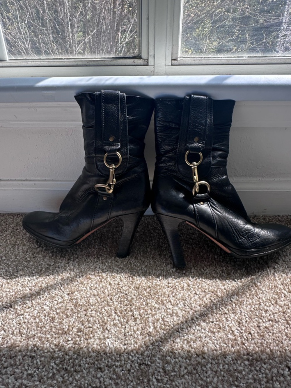 Coach Black Leather High-Heel Mid-Calf Boots with Gold Rings